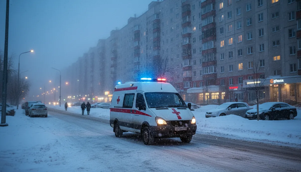 медицинский автомобиль на фоне городских многоэтажных зданий, зимний уральский пейзаж, вечернее освещение